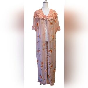 Vintage 1970s Sz L Long Robe Dressing Gown Floral Print Rose Embellished